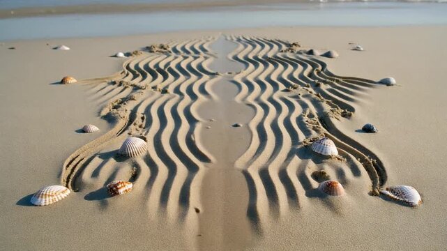 Serene beach scene with intricate sand patterns and seashells