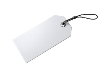 Blank white rectangular tag with rounded corners attached to string on black background image, Png, Isolated on Transparent Background, Cut Out