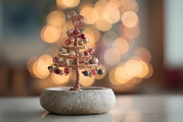 A Christmas tree made of wire and beads sits on a stone base