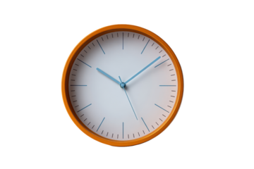 Orange framed white clock with blue hands on black background time, Png, Isolated on Transparent Background, Cut Out
