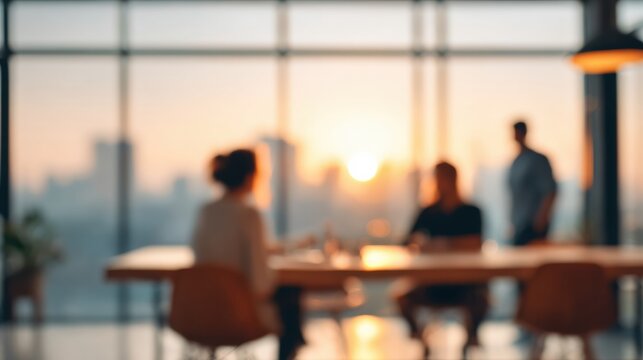 Blurred office meeting room with sunrise light and three people sitting and standing in relaxed discussion