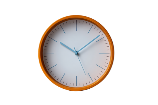 Orange framed white clock with blue hands on black background time, Png, Isolated on Transparent Background, Cut Out - Powered by Adobe