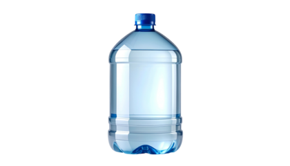 Clear, large, plastic jug of water on a black background. The jug is filled and has a blue cap