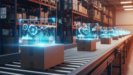 Packaged boxes on a conveyor belt with holographic data in a warehouse setting