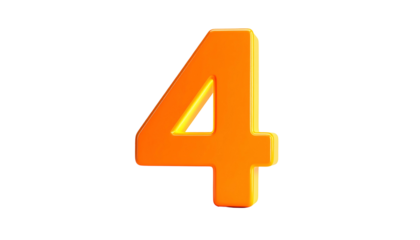 A 3D rendered, luminous orange digit "4" against a stark, black background. It has a glossy appearance, suggesting light reflection