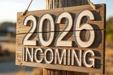 A wooden sign with 2026 incoming written on it hanging on a post outdoors