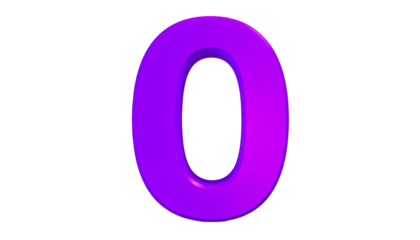 A 3D rendered, luminous purple numeral '0' floats against a stark black background. It appears shiny, with subtle gradient effects, and a smooth edge
