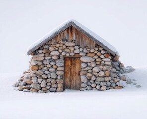 A small, old stone house with a wooden door sits in the snow