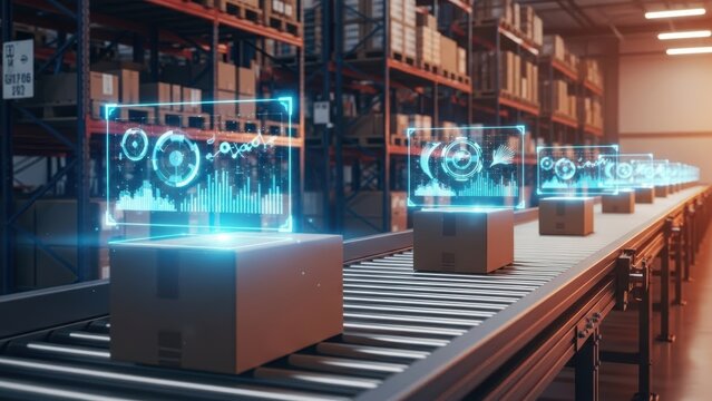 Packaged boxes on a conveyor belt with holographic data in a warehouse setting - Powered by Adobe