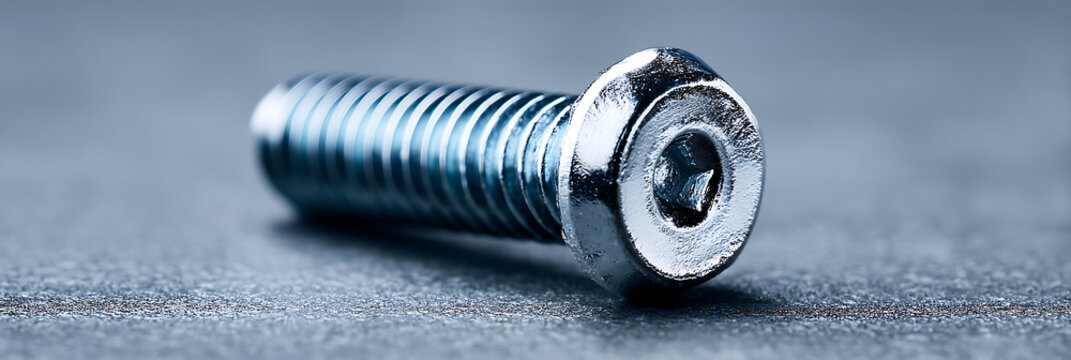 Chrome Plated Hex Socket Button Head Bolt Macro Photography on Gray Surface, Industrial Hardware Fastener Product Detail Shot