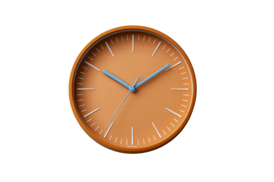 Orange wall clock with blue hands and white markers on black background time, Png, Isolated on Transparent Background, Cut Out - Powered by Adobe