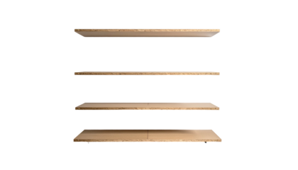 Four minimalist, wooden floating shelves arranged vertically against a pure black background. Perspective is top-down
