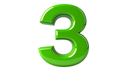 Glossy green numeral three, 3D rendered, floating against a black background. Simple, bold design, perfect for educational content or counting
