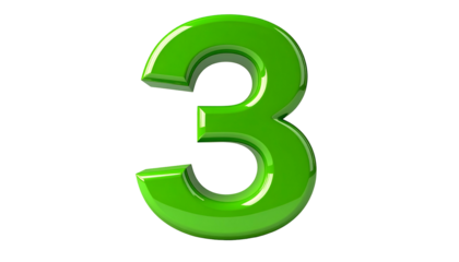 Glossy green numeral three, 3D rendered, floating against a black background. Simple, bold design, perfect for educational content or counting