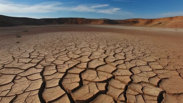 Arid desert landscape with cracked dry earth under blue sky
