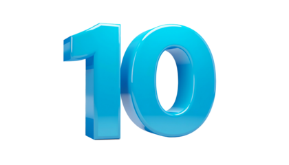 Glossy, three-dimensional numeral "10" rendered in a vibrant, sky-blue color, set against a solid black background