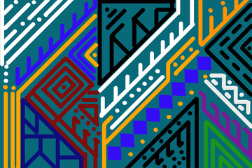 Colorful tribal geometric pattern, bold angular shapes, ethnic abstract design, vibrant blue green yellow red colors, modern folk art style, seamless textile pattern, flat vector illustration.