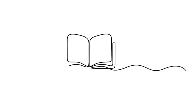Self animated minimalist illustration of an open book, drawn in a continuous single line style. Single line art book icon vector illustration