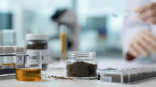 Medium shot of a technician preparing soil composition analysis in a lab setting focusing on texture and organic matter for environmental studies.
