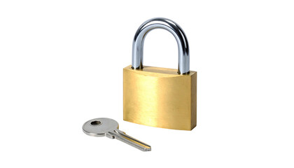 Fototapeta premium A close-up view of a new brass padlock and its shiny steel key, set against a stark black background