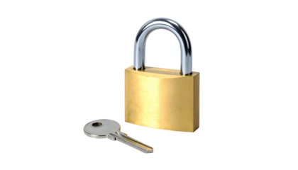 A close-up view of a new brass padlock and its shiny steel key, set against a stark black background