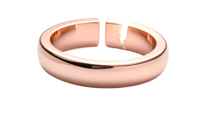 A close-up view of a rose gold open ring with a sleek and modern design. The band has a curved shape