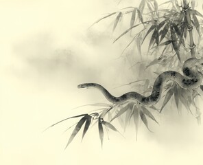 A snake is curled up on a branch of bamboo
