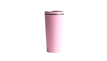 A cylindrical, insulated container rendered in a studio-like environment. The object has a light pink finish with a dark interior and a silver trim around the top