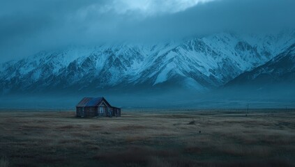 A small cabin is in the middle of a vast, empty field