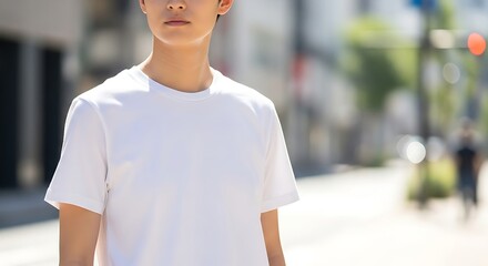 Young Man in White T-Shirt Standing Outdoors.