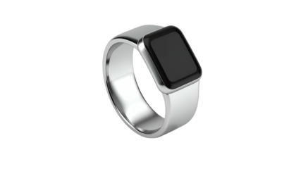 Modern smartwatch in a studio shot. Sleek design with a shiny metal finish and a black square screen. The strap is white