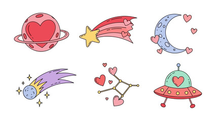 Cosmic Love: A vibrant illustration showcasing celestial bodies adorned with hearts, symbols of love and affection. Each element, from planets to shooting stars, radiates warmth and charm. © Rokaiya