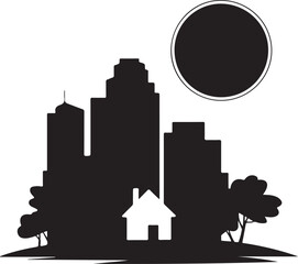 Naklejka premium Cityscape with House and Sun