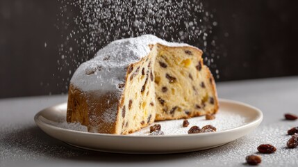 Powdered sugar falling on a delicious panettone cake with raisins