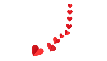 A curved string of red hearts descends against a stark black background