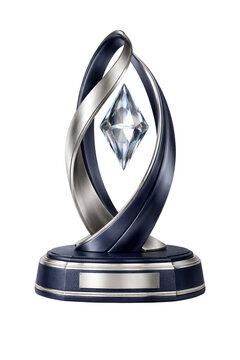 Silver abstract award trophy on transparent background, metallic 3d sculpture with diamond crystal, modern ceremony prize statue for branding, icon, mockup
