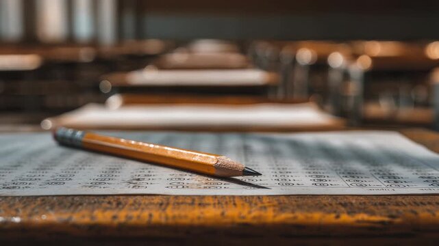 Focusing on Pencil Resting on Exam Paper in Empty Classroom with Warm Lighting and Shallow Depth of Field
