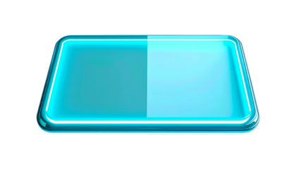 A luminous, rectangular, 3D object with rounded corners glows with a cyan aura on a black background. It is divided into two parts