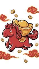 Cartoon Horse with Gold Ingot and Coins