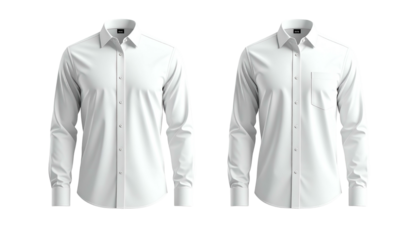 Two identical crisp white dress shirts displayed front-facing against a black background