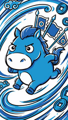 Cartoon Blue Horse with Flags and Coins