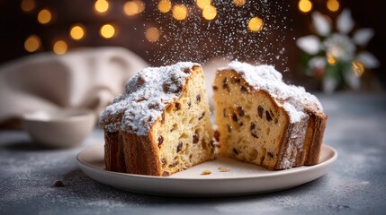 Festive christmas stollen cake with powdered sugar falling on a plate