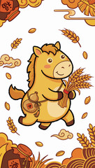 Cartoon Horse with Wheat and Wine