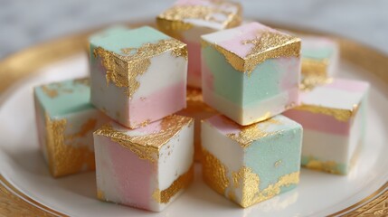 Beautiful mini cube pastries with delicate gold accents and pastel colors