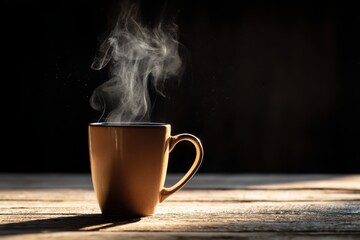 A cup of coffee is sitting on a wooden table, with steam rising from it