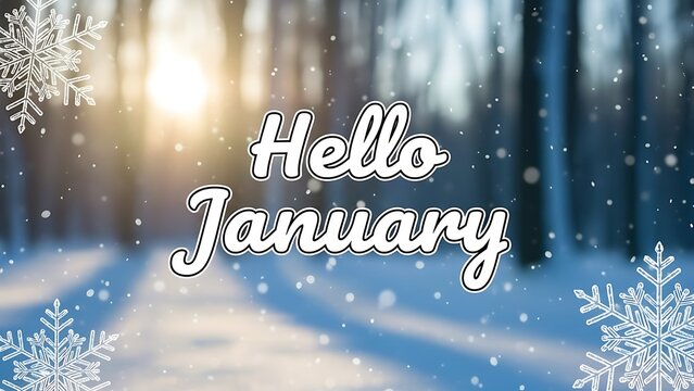 Hello january snowy forest scene with greeting - Powered by Adobe
