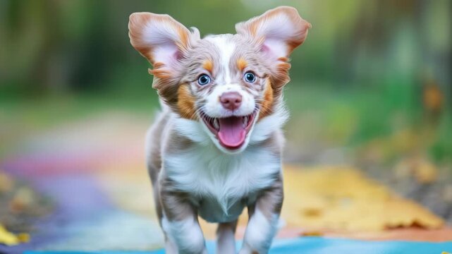 A joyful brown and white dog with floppy ears in motion.