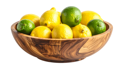 A wooden bowl overflowing with ripe yellow lemons and green limes, isolated