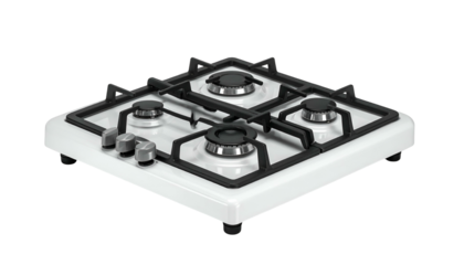 A pristine white gas cooktop with four burners, black grates, and control knobs. Ideal for modern kitchens. Clean and stylish