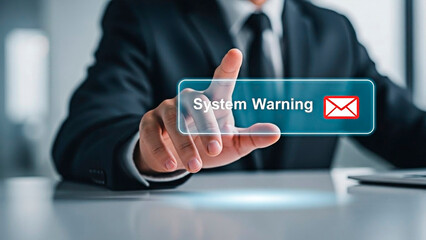 A person's hand pressing on the warning for the concept of system alert and cybersecurity.